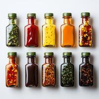 Various hot sauces small bottles arranged on a pristine white background creating a vibrant spicy collection photo