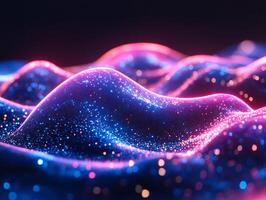 Vibrant neon waves blue and pink glow geometric shapes threedimensional flow and dynamic energy Futuristic tech design with glowing digital patterns and abstract motion photo