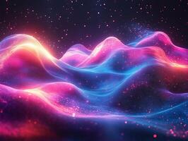 Vibrant neon waves blue and pink glow geometric shapes threedimensional flow and dynamic energy Futuristic tech design with glowing digital patterns and abstract motion photo