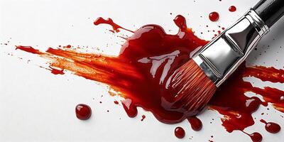 Bold splash of barbecue sauce with a basting brush beside it on a white background creating texture photo