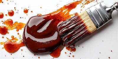 Bold splash of barbecue sauce with a basting brush beside it on a white background creating texture photo