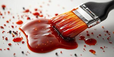Bold splash of barbecue sauce with a basting brush beside it on a white background creating texture photo