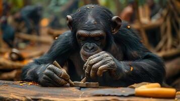 Capture craftsmanship of great ape artisans at work utilizing macro photography to reveal the intricate details of their handmade tools and artifacts crafted from natural materials found in the forest photo