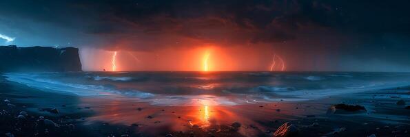 Capture dynamic energy of meteorite blazing through stormy skies above rugged coastline of Iceland electrifying flashes of lightning illuminating cosmic event stark contrast to the dark surroundings photo