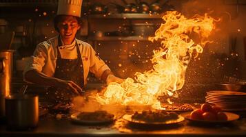Capture intensity of a chef expertly flambeing a dish in a dimly lit kitchen with flames dancing against the darkness using low light techniques photo