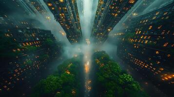 Capture majestic cityscape of great ape civilization from a drone's perspective employing aerial photography to showcase the intricacies of their arboreal architecture amidst the dense forest canopy photo