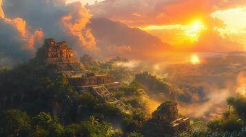 Capture majestic ruins of an Inca temple bathed in the warm glow of sunrise with the sunlight filtering through the clouds creating a breathtaking scene reminiscent of a divine presence photo
