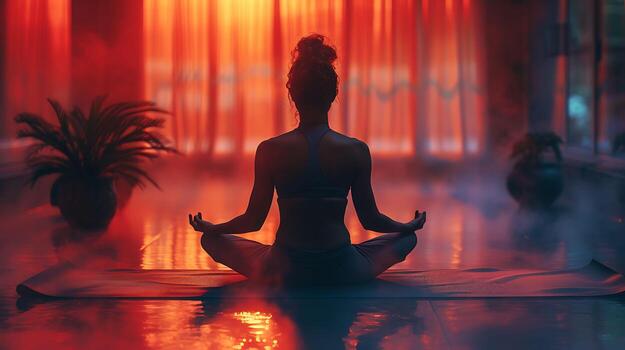 Capture tranquility of a yoga instructor guiding a class in a softly lit studio with serene poses enhancing the peaceful atmosphere using low light techniques photo