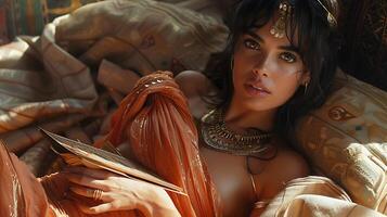 Cleopatra VII Create authentic casual image capturing Cleopatra VII the last active ruler of ancient Egypt in a relaxed yet regal setting perhaps conversing with advisors or reading scrolls photo