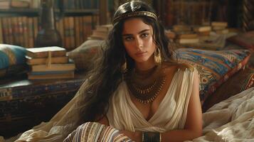 Cleopatra VII Create authentic casual image portraying Cleopatra VII renowned her intellect charm scene capturing her engaging scholarly pursuit her royal library surrounded scroll ancient manuscript photo