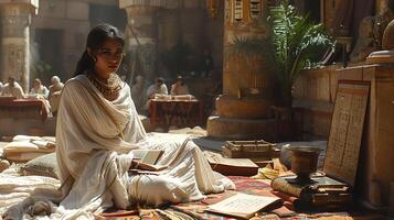 Cleopatra VII Create authentic casual image capturing Cleopatra VII the last active ruler of ancient Egypt in a relaxed yet regal setting perhaps conversing with advisors or reading scrolls photo
