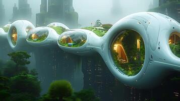 City of future featuring interconnected network of selfdriving vehicle drone public transportation system powered renewable energy source architecture incorporates vertical garden green space photo