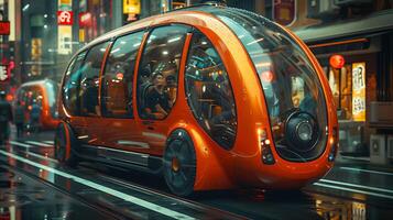 Conceptualize rickshaw evolved through millennium featuring levitation technology smooth noiseless ride through bustling futuristic city canopy house augmented reality display providing passenger photo