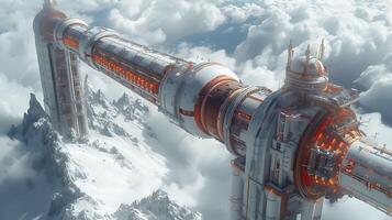Conceptualize space elevator stretching Earth's surface geostationary orbit revolutionizing access space enabling costeffective transportation of cargo passenger orbital station beyond structure photo