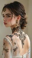 Neck and shoulder mehendi design with intricate lace patterns and floral motifs presented on a white background for easy printing photo