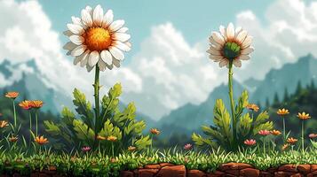 Picture showcasing a combination of pixelated and art styles depicting a whimsical daisy flower on a pure white background photo