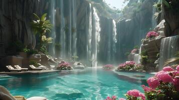 Image of giant peacefully tending lush garden oasis hidden within towering canyon their gentle movement expression conveying sense of harmony nature Pay attention intricate detail of towering plant photo
