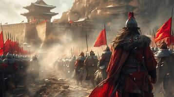 Captivating image employing advanced depthoffield techniques to focus on the figure of Ai Apaec while the background warriors are softly blurred conveying a sense of motion and intensity photo