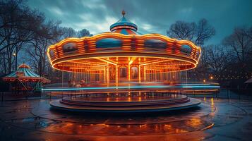 Captivating long exposure photo of a carnival carousel in motion with streaks of light from its spinning lights