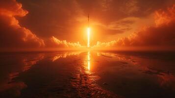 Captivating long exposure photo of a rocket launch at night with flames and smoke illuminated by floodlights