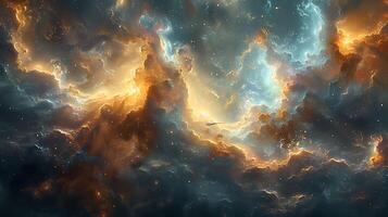 Cosmic collision scene where two galaxies converge with swirling clouds of gas and dust illuminated by the energetic glow of newly formed stars while a spacefaring vessel navigates through the chaos photo