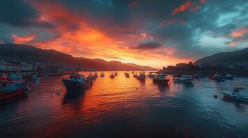 Dynamic long exposure photo of a busy harbor at dusk with boats moving in and out of the frame