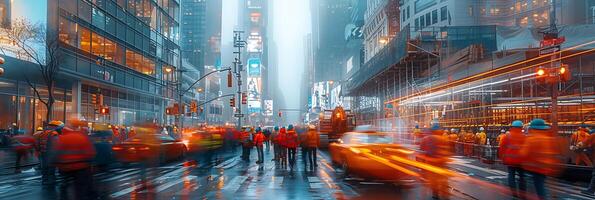 Dynamic long exposure photo of a construction site with workers and machinery in constant motion building a skyscraper