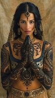 Fusion mehendi design that combines Arabic and Indian styles focusing on flowy bold patterns Display on a white background for transparent printing photo