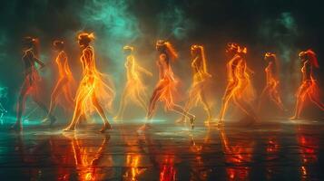 Mesmerizing long exposure photo of a group of dancers rehearsing a routine with graceful movements captured as streaks of light