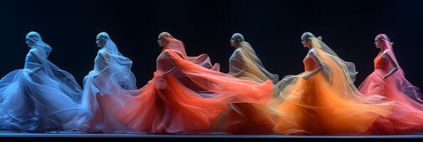 Mesmerizing long exposure photo of a team of fashion designers working on a runway show with fabrics and sketches swirling in motion