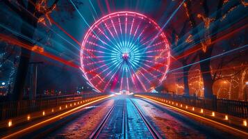 Mesmerizing long exposure photo of a spinning ferris wheel at night with colorful streaks of light radiating from it
