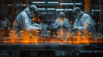 Minimalist long exposure photo of a team of researchers working in a laboratory with equipment and gestures frozen in time