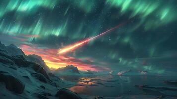Surreal image of a meteorite streaking through the aurorafilled sky above the Arctic Circle with vibrant hues of green and purple illuminating the celestial event photo
