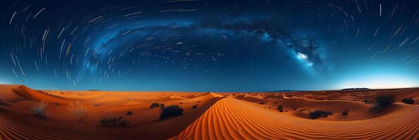 Surreal long exposure photo of a desert landscape at night with stars streaking across the sky and sand dunes illuminated by moonlight