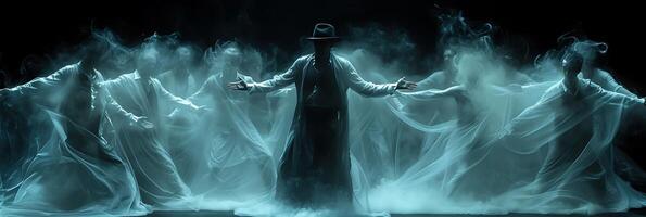 Surreal long exposure photo of a team of magicians performing a grand illusion with movements and magic tricks frozen in time