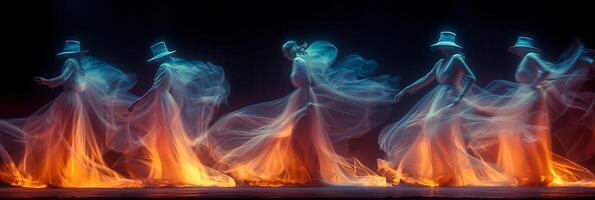Surreal long exposure photo of a team of magicians performing a grand illusion with movements and magic tricks frozen in time