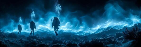 Surreal long exposure photo of a team of deepsea divers exploring a coral reef with movements and marine life captured as streaks of light