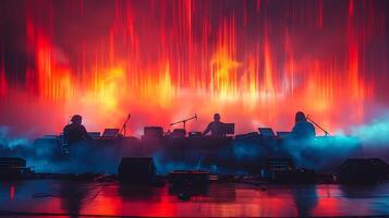 Surreal long exposure photo of a team of sound engineers recording music in a studio with instruments and sound waves creating streaks of light