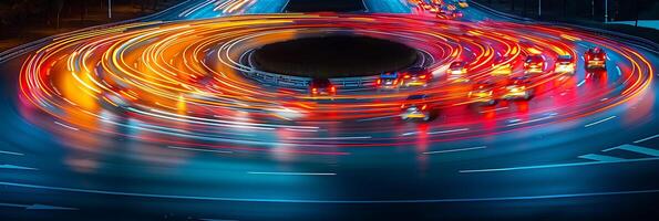 Abstract long exposure photo of traffic patterns from an aerial perspective capturing the intricate movements of vehicles