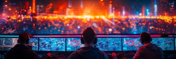 Abstract long exposure photo of a team of game developers brainstorming ideas with screens and controllers creating vibrant patterns of light
