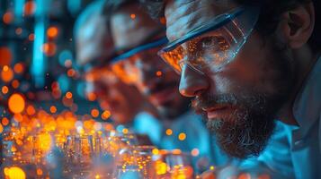 Abstract long exposure photo of a team of quantum physicists conducting experiments in a laboratory with particles and equations creating dynamic patterns of light
