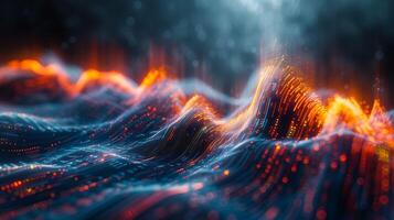 Abstract long exposure photo of a group of financial analysts analyzing market trends with charts and graphs creating vibrant patterns of light
