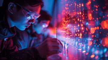 Abstract long exposure photo of a team of quantum physicists conducting experiments in a laboratory with particles and equations creating dynamic patterns of light