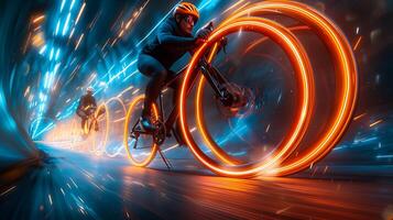 Abstract long exposure photo of a spinning bicycle wheel capturing its motion in a hypnotic swirl of light