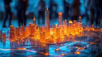 Abstract long exposure photo of a team of urban planners mapping out city development plans with blueprints and models creating dynamic patterns of light