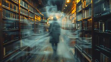 Atmospheric long exposure photo of a librarian organizing books in a dimly lit library with shelves and figures blurred in motion