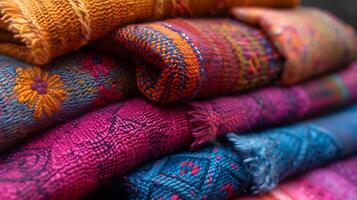 Image showcasing the vibrant colors and intricate textures of Inca textiles with macro photography highlighting the craftsmanship and cultural significance of each fabric photo