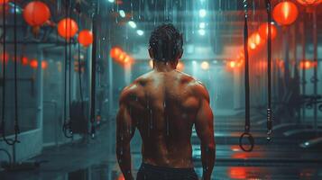 Depict determination of a personal trainer leading a rigorous workout session in a softly lit gym with sweat glistening under the lights using low light techniques photo