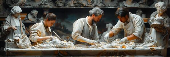 Captivating long exposure shot of a team of art conservators restoring a masterpiece with delicate movements and brushes frozen in time photo