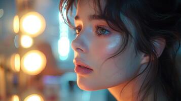 Depict artistry of a makeup artist applying makeup in a softly lit dressing room with shadows enhancing the contours of the face using low light techniques photo